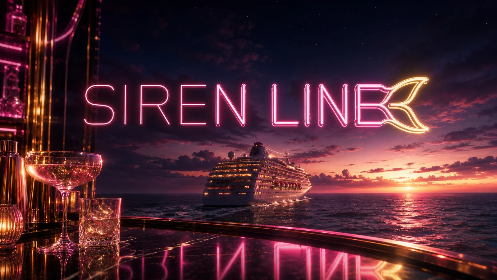 The Siren Line neon sign glowing above the Calypso at sunset